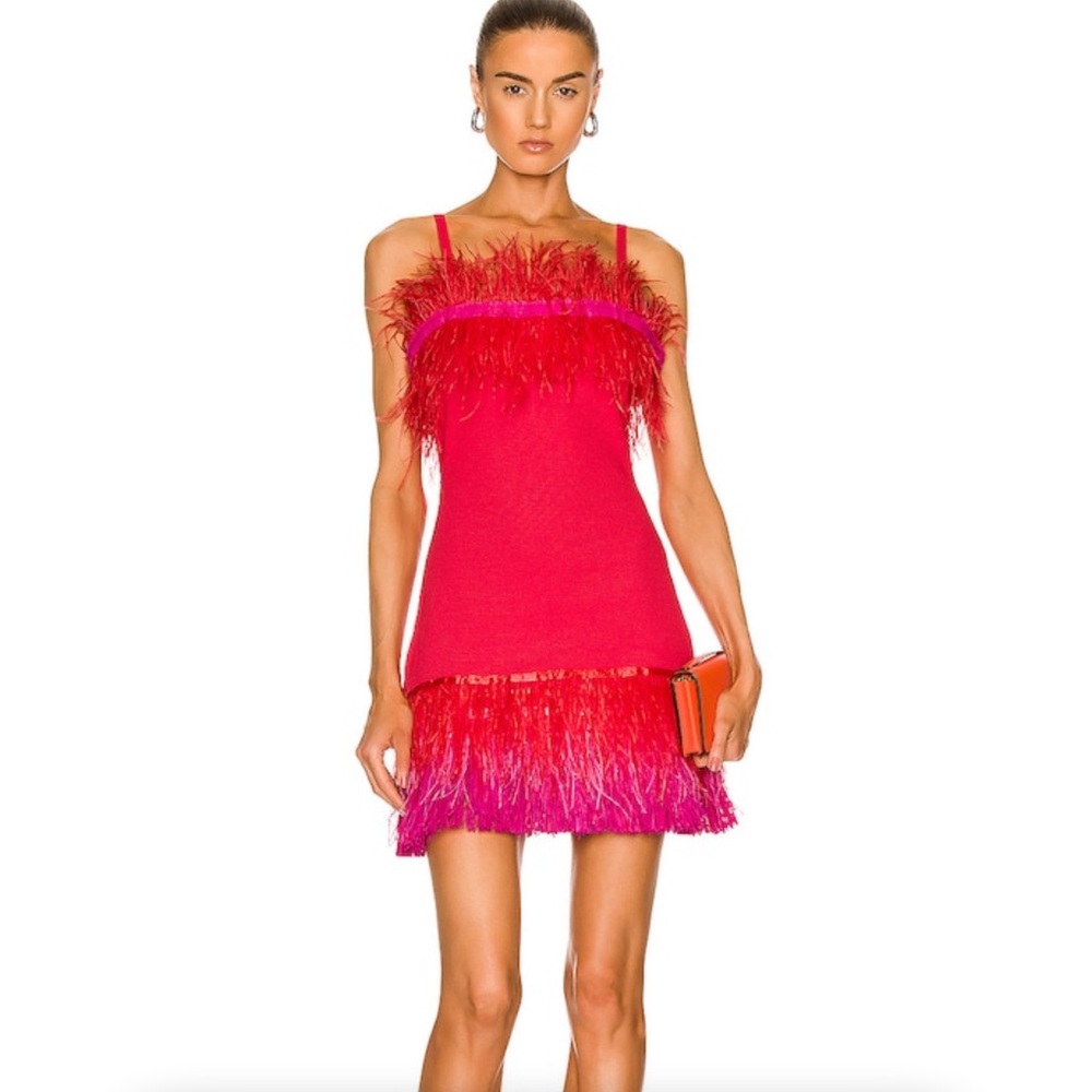 STAUD Red Feather-Trim Mini Dress